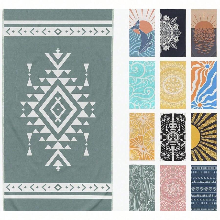 29 X 58 Inch Super Thin Beach Towel, Made With Polyester Cotton And Microfiber Bath Towel(Non-Tassel Style), Oversized Beach Blanket, Lightweight For Travel, Great Gift For Friends, Parents, Families Home Outdoor Use - 19 - Xanh đậm - Xem 1