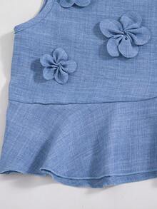 Girls' Casual Solid Color 3D Floral Backless Sleeveless Top And Straight Leg Pants 2 Pieces Set, Spring/Summer - Blue - View 8