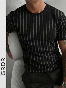 GRDR 男士竖条纹短袖T恤，圆领修身通勤夏季T恤，新款纹理山地褶皱上衣 - 黑色 - 查看 1