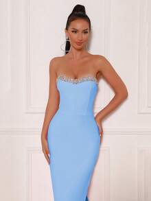 Modphy Đầm maxi cúp ngực, xẻ cao đến đùi, đính đá lấp lánh, thích hợp làm đầm phù dâu cho đám cưới và tiệc tùng. - Màu xanh nhạt - Xem 2