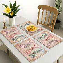 4pcs Easter Theme Placemats, Cute Rabbit Pattern With Diamond Elements And Floral Design, Suitable For Party Dining And Easter Decoration. Size: 30x45cm, Applicable For Seasonal Home Decor, Holiday Table Decor, Farmhouse Style, Washable And Durable. An Ideal Gift Choice. - Multicolor - View 7
