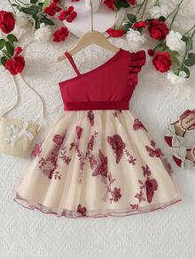 Girls' Spaghetti Strap Ruffle Hem Dress, Patchwork Butterfly Embroidery Mesh Shoulder Strap Stylish Dress, Suitable For Party, Birthday, Outdoor, Vacation - Burgundy - View 3