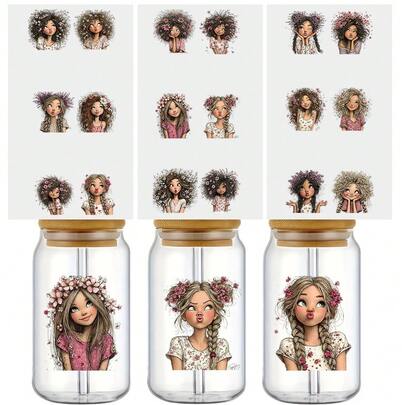 3pcs Spring Girl UV DTF Stickers, Sticker Art And Handmade, Special Stickers And Decorations Suitable For Surfaces Like Bicycles, Waterproof And Scratch-Resistant, Suitable For Glass Cups, Mugs, Gift Boxes, Phone Cases, Bookmarks, Notebooks, Bicycle Helmets, Frames, Rims, Etc., Can Be Used For Study Room Decoration, Home Decoration, Holiday Decoration, Bicycle Decoration, Atmosphere Decoration, Adding A Unique Style To Life