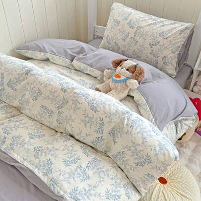 四件套鼠尾草花卉图案被套床单套装，柔软水洗美学床上用品套装，可爱植物叶子印花被套，田园风宿舍装饰