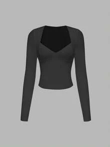 女士薄款休闲时尚红色修身长袖T恤，特殊磨毛面料，春夏款 - 深灰色 - 查看 2