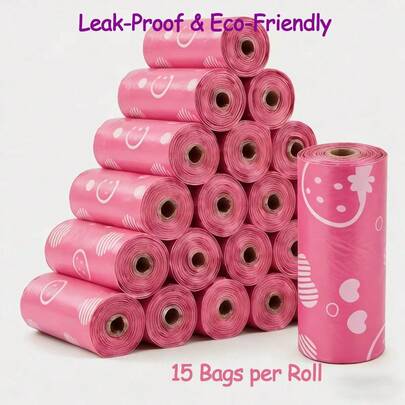 加厚防漏狗便袋，可爱粉色草莓印花狗便袋替换卷袋，适合遛狗，室内外均可使用。