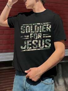 T-shirt camouflage << Soldat pour Jésus », vêtements chrétiens, tissu de qualité, col rond, coupe ample, confortable, style streetwear hip-hop, nouveauté - Noir - Voir 1