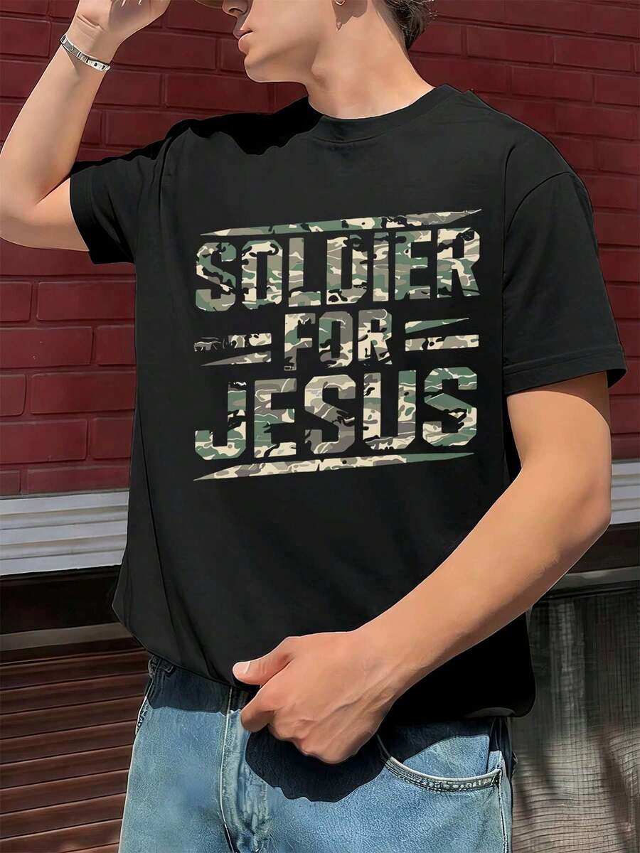 T-shirt camouflage << Soldat pour Jésus », vêtements chrétiens, tissu de qualité, col rond, coupe ample, confortable, style streetwear hip-hop, nouveauté - Noir - Voir 1