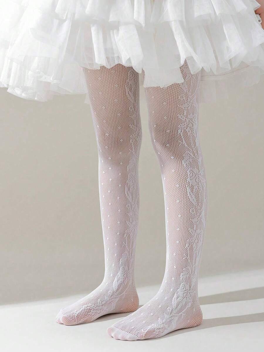 1/2件女童花卉蕾絲褲襪,白色透氣網眼絲襪,適合花童禮服搭配,時尚百搭基礎內搭層 - 彩色 - 查看 1