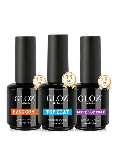 GLOZ 3PCS 15ml Gel Base Coat Top Coat Matte Top Coat Set For Gel Nail Polish, No Wipe Matte & Shiny Top Coat, Long Lasting High Gloss And Matte Effects DIY At Home Need UV/LED Lamp