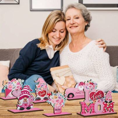 6件套“爱妈妈”主题装饰套装 - 甜美粉色系，适合桌面/节日场景装饰、母亲节氛围装饰、送给母亲的温馨礼物及家居装饰（不含托盘）