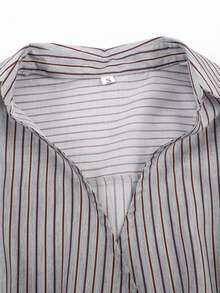 条纹印花系带休闲长袖衬衫，适合春秋季穿着 - 彩色 - 查看 3