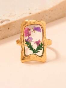 1 pieza Anillo con diseño floral inspirado en la naturaleza, anillo ajustable de acero inoxidable con forma de corazón abierto y planta verde linda - Dorado - Ver 15
