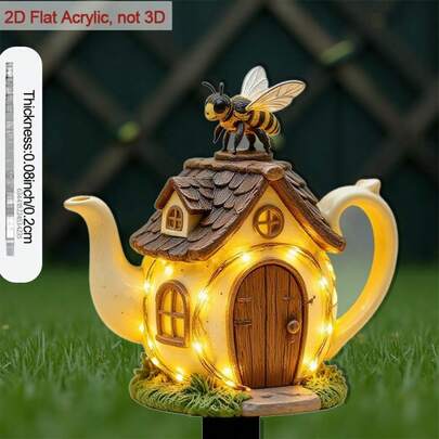 2D Flat Teapot Shaped Garden Stake, With Sharp Tip, 2D Flat Acrylic Outdoor Plant Support With Bee Decor, Suitable For Decorating Flower Pots And Yards, Durable And Lightweight Design