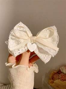 1pc/2pcs Set White Tea Lace White Bow Hair Clip, Side Clip Lolita Duck Clip Hair Accessory, Hairpin - Beige - View 3