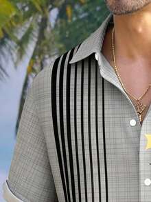 Retro Striped Geometric Print Men's Button-Down Short Sleeve Vacation Shirt - Grey - View 5