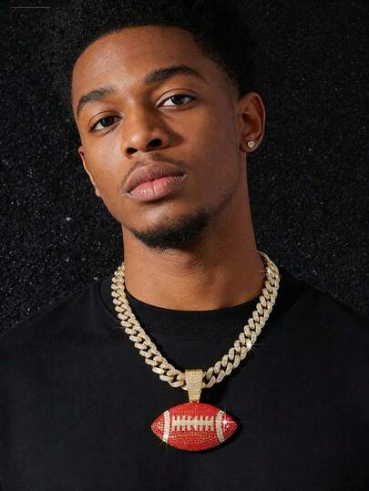 1pc Men's Full Diamond Bling Cuban Link Chain With Football Pendant Necklace