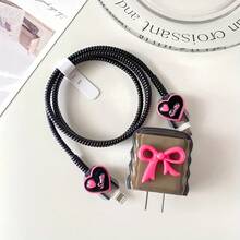 黑色蝴蝶结5件套，紫红色3D蝴蝶结透明黑色波浪贝壳式保护壳，兼容苹果18英寸20W充电器，防裂防刮，女士节礼物 - 透黑 - 查看 8