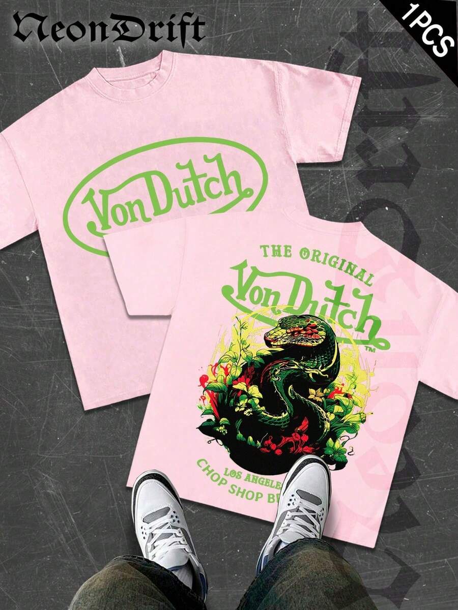 NeonDrift Double-Sided Printing Men's T-Shirt Men's Short-Sleeve T-Shirt100% Cotton Fabric Soft & Skin-Friendly Unisex Style Gifts For Spring Festival, Valentine's Day, St. Patrick's Day & World Cup-Van Dutch Dragon Print Men T Shirt Classic Americana Style Graphic Tee Streetwear Fashion Casual Wear For Car Enthusiasts And Vintage Culture Lovers - 淺粉色 - 查看 1