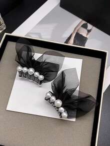 2pcs Pearl Mesh Bow Hair Clips, Elegant Side Bangs Clip Hairpin, Suitable For Any Occasion - Multicolor - View 4