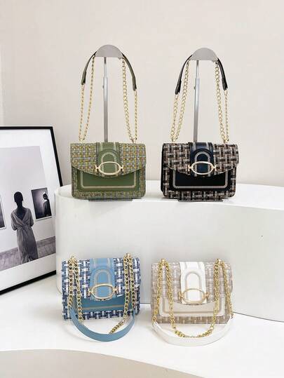 迷你格子斜挎方包，带搭扣装饰和链条肩带，翻盖斜挎包，适合日常使用