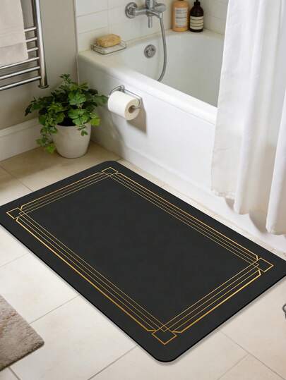 1pc Modern Minimalist Bathroom Mat, Rubber Surface With Black Gold Trim, Rectangular Bathroom Rug, Machine Washable Home Decor Carpet, Suitable For Bathroom Entrance, Bathtub Area, Shower Room Entrance