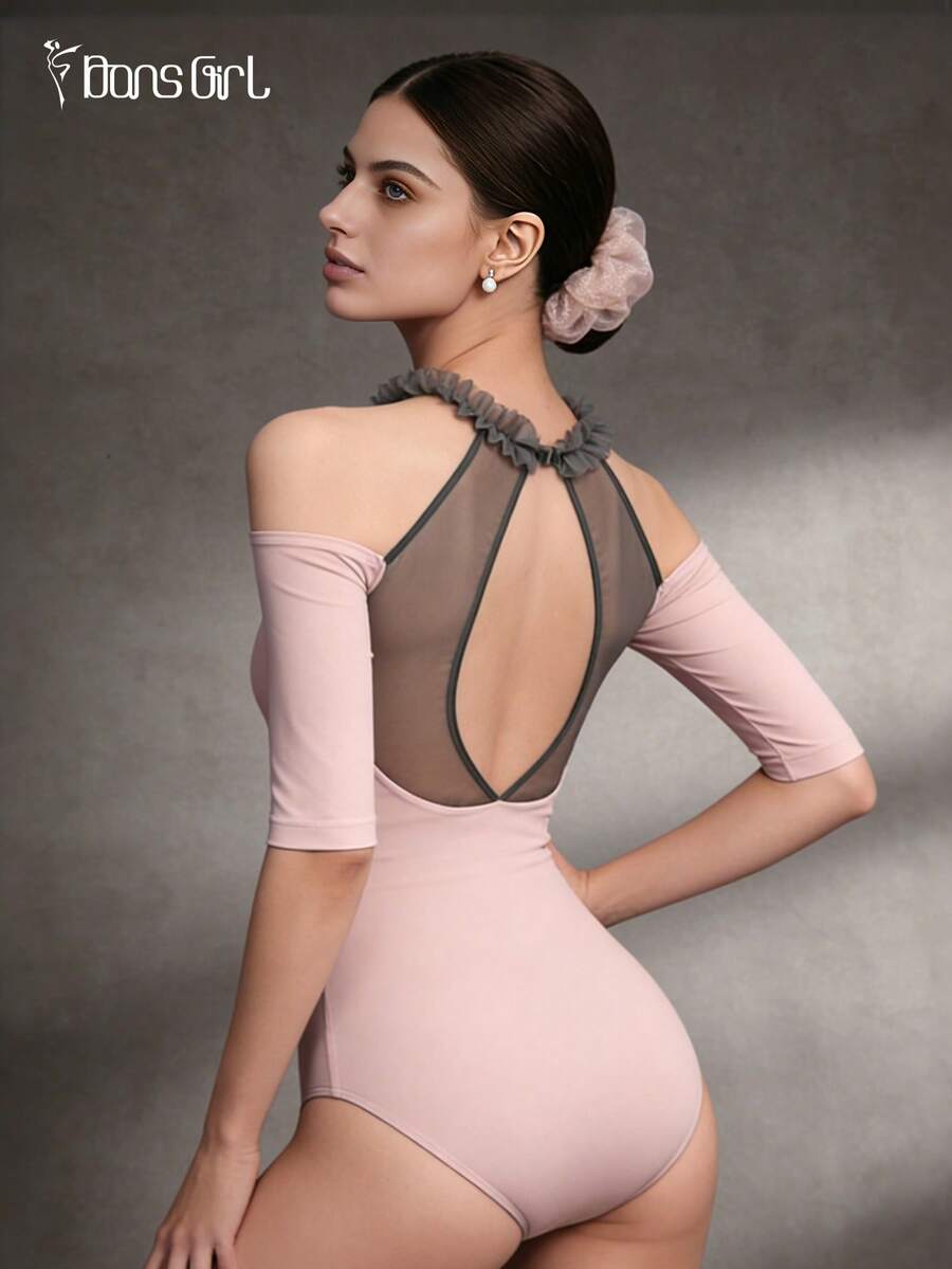 DonsGirl 女士芭蕾舞紧身衣，荷叶边领口饰有蕾丝花边，半袖，春季舞蹈表演服