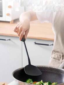 1pc Japanese-Style Iron Spatula, Long Handle, Suitable For Wok, Wooden Handle, Large Soup Ladle, Household Kitchenware - Brown - View 2