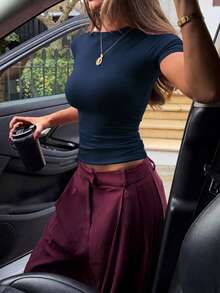 Women's Casual Slim Fit Round Neck Top, Suitable For Summer Daily Wear - Royal Blue - View 1