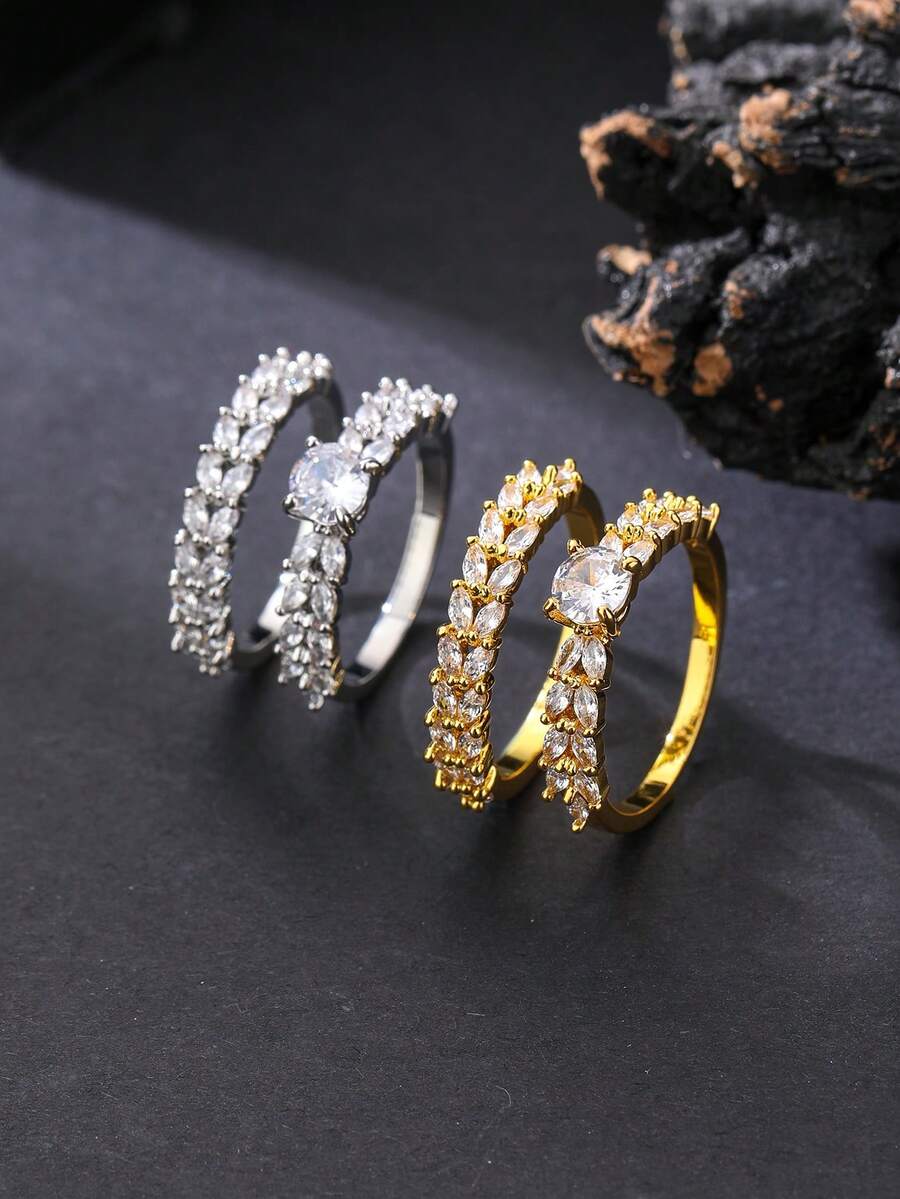1 Set Of 2 Minimalist Sparkling Zirconia Inlaid Closed Ring Set, Versatile For Daily, Party, Wedding, Spring, Eid/Ramadan Blessing Gift - Sparkling  Closed Ring Set - View 1