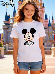 Women's Casual White Cotton Mickey Mouse Print Short Sleeve Round Neck T-ShirtComfortable Round Neck Women's Loose T-Shirt | Disney Mickey Mouse Themed | Summer Vacation Outfit - Blanc - Voir 2