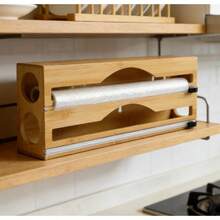 Natural Bamboo Kitchen Storage Box, 2-In-1 Adjustable Organizer With Built-In Cutter, Multi-Layer Compartments For Foil And Wrap, Suitable For Home And Outdoor Camping Utensil Holder - Brown - View 3
