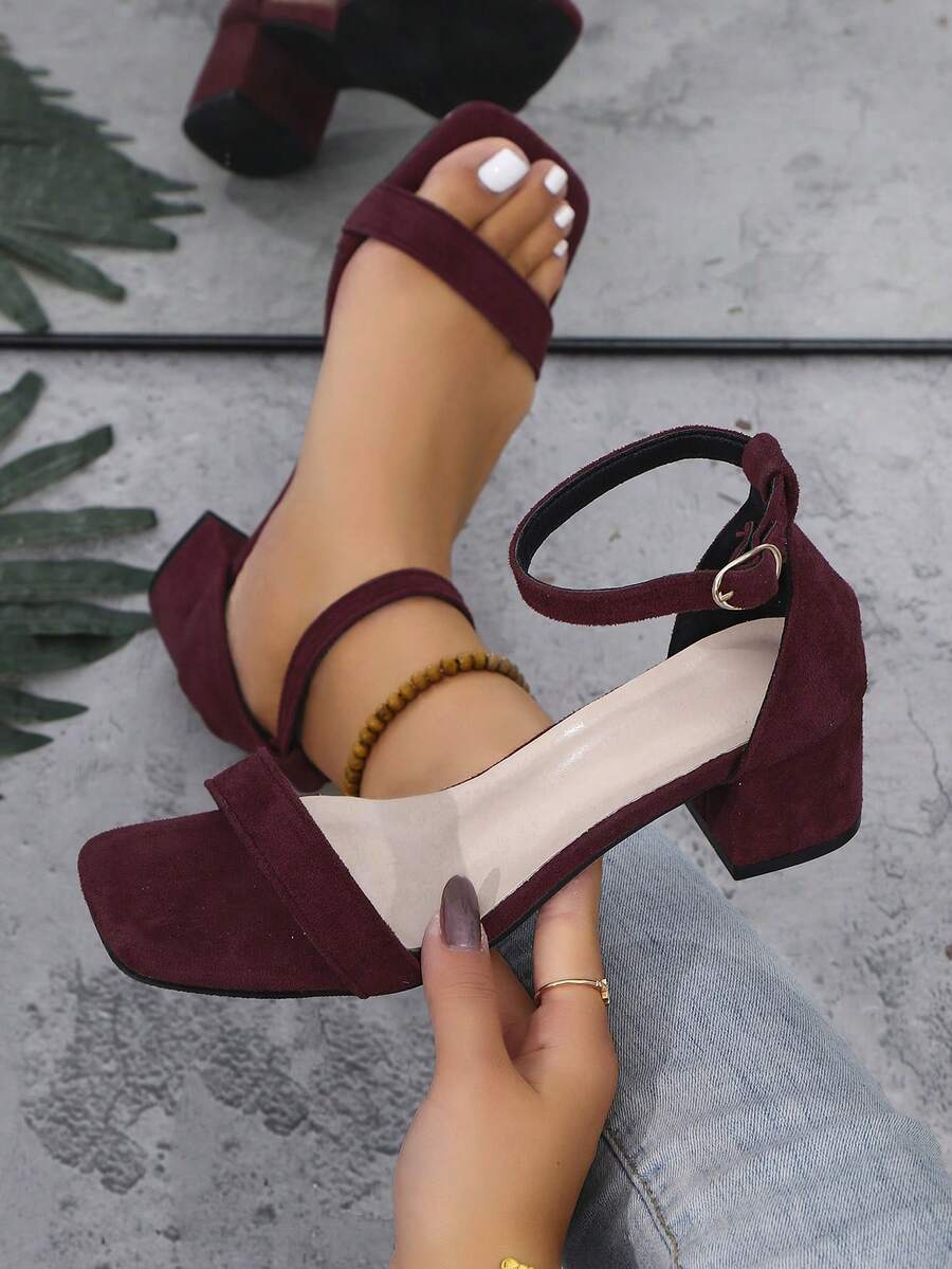 女士方头绑带凉鞋,纯色哥特波西米亚风优雅时尚休闲夜店风面料荷叶边/褶边高跟凉鞋,适合办公室、居家、户外、婚礼、节日、夏季等场合。 - 酒紅色 - 查看 1