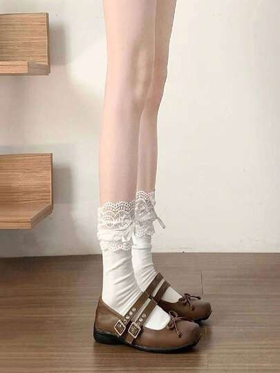 1 Pair Women's Mid-Calf Socks With Lace Trim, Bow Decor, Versatile For JK Skirts