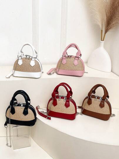 1 件装撞色编织圆顶包，迷你手提包，轻便链条斜挎包，沙滩包，草编包 – 适合女孩、青少年、旅行者，完美适用于海滩旅行、暑假、购物之旅、节日聚会