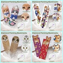 4件套钻石画书签 - 猫咪、猫头鹰、小狗图案，亚克力材质，镶嵌圆形水晶钻，适合初学者，可作礼物或阅读进度标记 - 查看 5