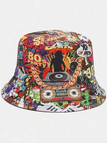 1顶男女通用复古经典“80、90年代”卡带收音机涂鸦印花双面渔夫帽，轻便透气宽檐遮阳帽，百搭休闲街头风，适合各种场合 - A - 查看 21