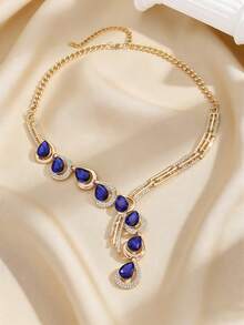 Deep Sea Blue Sapphire Teardrop Necklace | C-List Spotlight Piece, Gold-Plated Rhinestone Blue Sapphire Choker Necklace | High-End Party Centerpiece, Suitable For Festivals, Parties, Banquets, And Holiday Gift-Giving - Gold - View 2