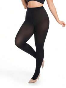 Medias opacas de nailon de talla grande 30D para mujeres - 1 par de pantimedias de talla grande con cintura alta y control de abdomen, unicolor suave - Multicolor - Ver 4