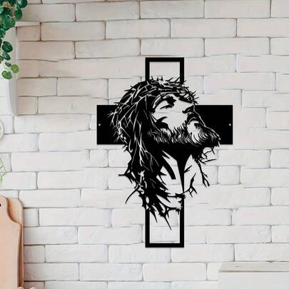 1件精美复活节耶稣与十字架金属墙饰，家居装饰黑色剪影雕塑 | 适用于客厅、卧室、厨房、户外门廊和露台 | 完美的复活节礼物，宗教主题墙饰