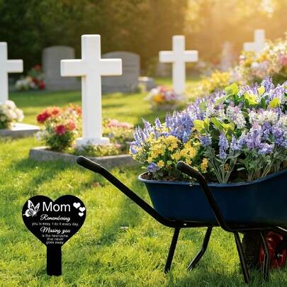 1pc Heart-Shaped Memorial Gravestone, Condolence Gift For Mother's Passing, Garden Stake Condolence Gravestone Stake, Cemetery Garden Stake, Acrylic Gravestone Stake, Cemetery Gravestone Decor