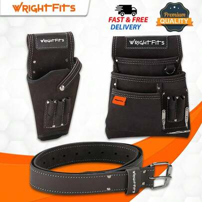 WrightFits Leather Tool Belt With Nail Hammer & Drill Holster Pouch -3 In 1