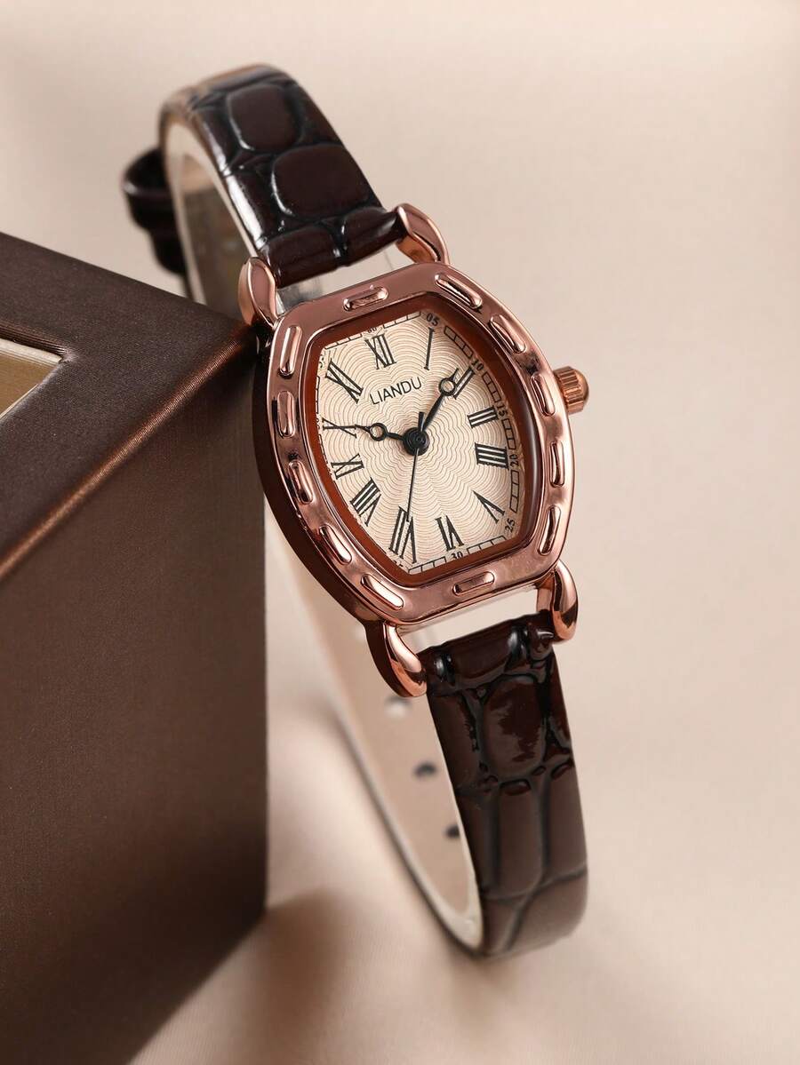 LIANDU Đồng hồ nữ phong cách retro thanh lịch, mặt tròn, máy quartz, dây da PU, thích hợp đeo hàng ngày, quà tặng sinh nhật. - màu nâu - Xem 1