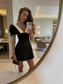 This Elegant And Minimalist Dress Is Very Suitable For Daily Commuting. The Dress Features A Waist-Tie Design And An A-Line Dress Silhouette, With A Bowknot Detail At The Cuffs. Party Black Summer - Black - View 5