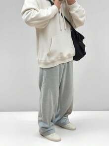 Men's Baggy Sweatpants With Elastic Waist, Casual Loose Cotton Joggers - 酒紅色 - 查看 4