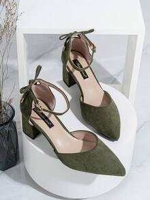 Women's Pointed Toe Suede Hollow Out Bowknot Chunky Heel Pumps, Versatile For Daily, Work, Business, Black, Plus Size - Dark Green - View 3
