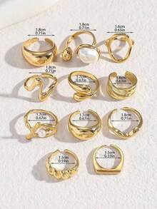 11pcs Punk Style Rings Set, Vintage Geometric Rings Set, Fashion Personalized Jewelry Gift, Suitable For Daily Outfit And Party Accessories [Some Rings Are Open But Not Adjustable, Please Do Not Forcibly Bend Them Or They Will Break, Sizes Are Marked] Random Pearl Color - Vàng - Xem 4