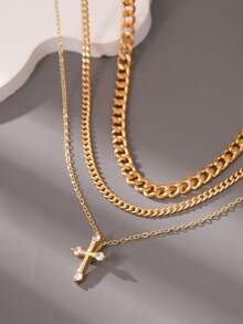 3pcs Set Multilayer Gold Cross Copper Zirconia Necklace Set, Fashionable Minimalist Layered Necklace & Sweater Chain - Yellow Gold - View 3