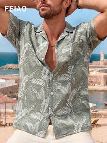 FEIAO Men's Retro Coin & Numeral Print Casual Vacation Shirt, Refined Open Button Design, Short Sleeve Shirt, Men's Fashion Commute & Leisure Wear, Versatile Daily Essential - Multicolor - View 4