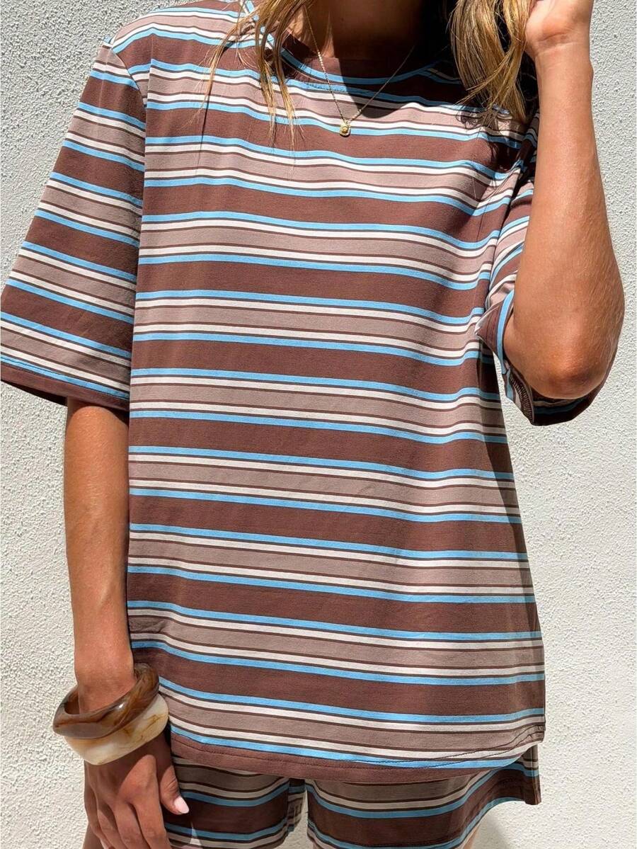 Women's Striped Two Piece Loungewear Set - Oversized Half Sleeve Tee High Waisted Shorts Casual Summer Pajama Set - Blue - View 1